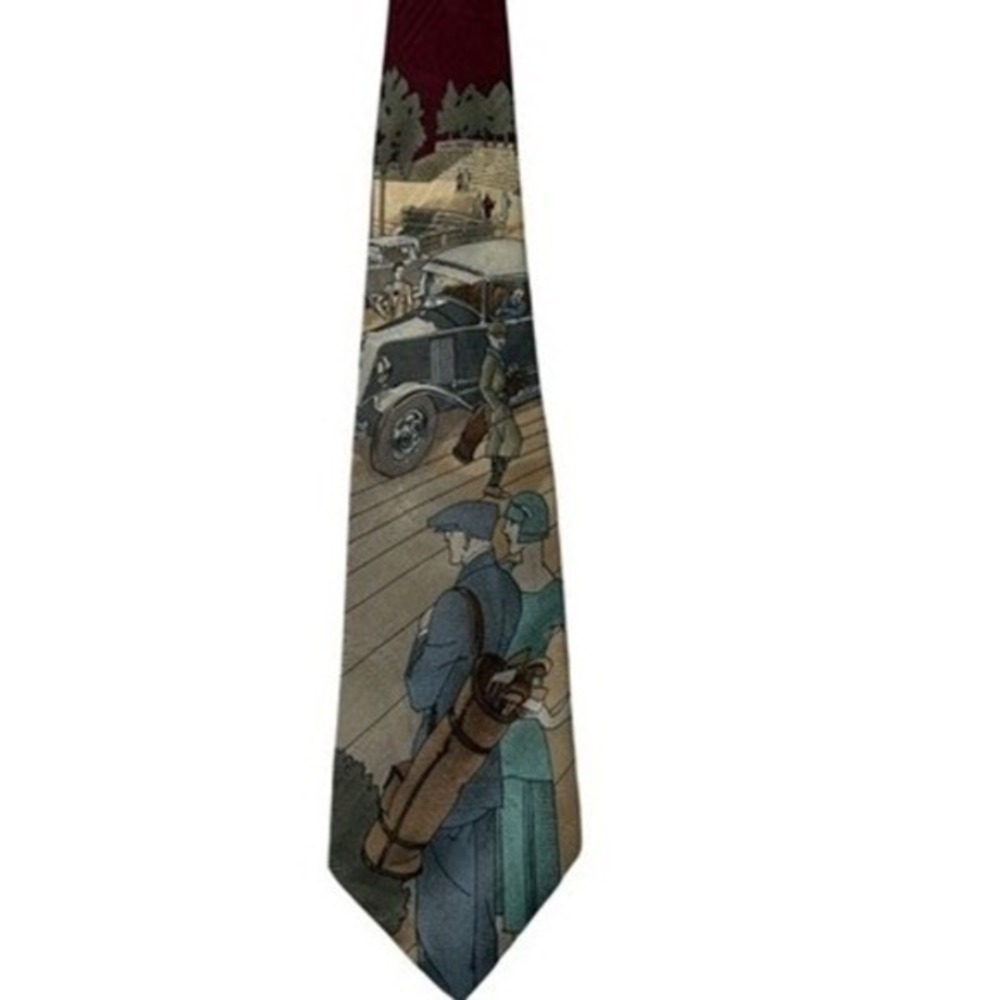 Vintage Polo Ralph Lauren 100% Silk Vintage Car & Golf Art Necktie Archival RL